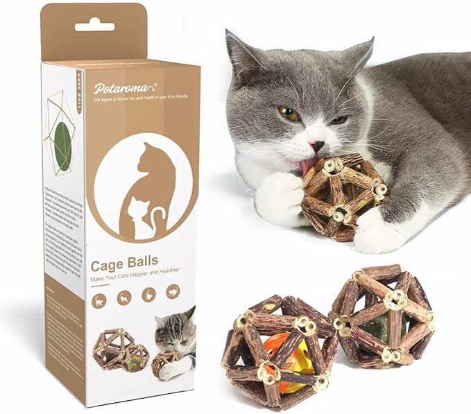 Potaroma Catnip Toys, 3Pcs Cat Toys Natural Silvervine Stick Cage Balls &amp; Bell Ball for Indoor Cats, Kitten Cleaning Teeth Molar Matatabi Cat Chew Toy All Breeds
