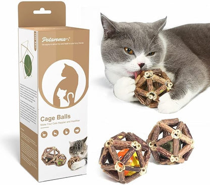 Potaroma Catnip Toys, 3Pcs Cat Toys Natural Silvervine Stick Cage Balls &amp; Bell Ball for Indoor Cats, Kitten Cleaning Teeth Molar Matatabi Cat Chew Toy All Breeds