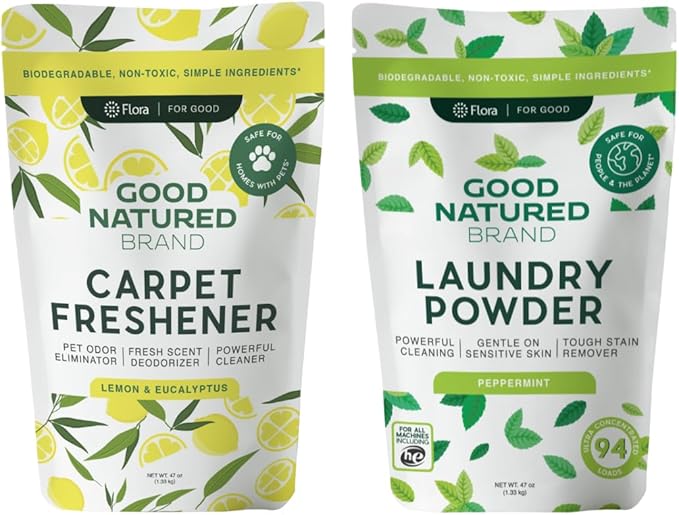 Good Natured Brand | Laundry Bundle | Carpet Freshener Lemon &amp; Eucalyptus 47oz | Pet-Friendly Carpet Deodorizer | Laundry Powder Peppermint 47oz | Hypoallergenic Laundry Powder 94 Loads