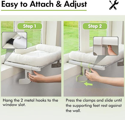 Cat Window Sill Perch with Large Bolster, Easy to Adjust &amp; Assemble Cat Window Seat for Windowsill &amp; Bedside, Pet Hammock Bed for Large Cats and Kittens (White, M)