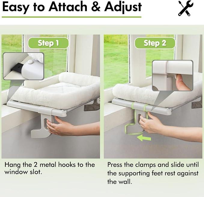 Cat Window Sill Perch with Large Bolster, Easy to Adjust &amp; Assemble Cat Window Seat for Windowsill &amp; Bedside, Pet Hammock Bed for Large Cats and Kittens (White, L)