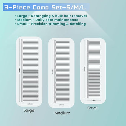 [3 Pack] Stainless Steel Pet Comb Set – Grooming Combs for Dogs &amp; Cats, Large Medium Small Sizes – for Long, Short, Curly Hair, Detangling Matted or Knotted Undercoat Hair
