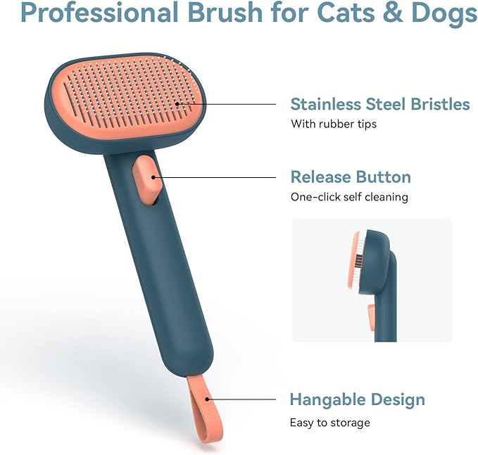 Aumuca Dog Brush for Shedding, Self Cleaning Cat Grooming Brush with Release Button, Cat Hair Brush to Remove Loose Fur, Tangles &amp; Dirt, Great for Long and Short Haired Cats, Green
