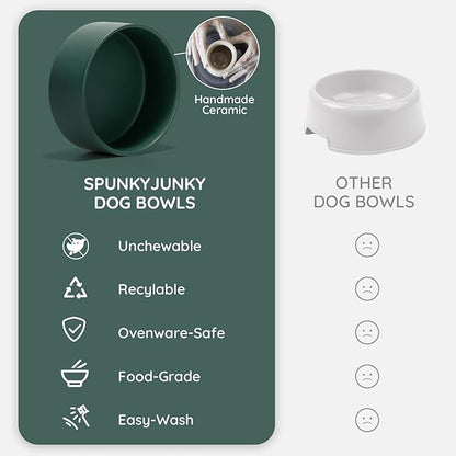SPUNKYJUNKY Ceramic Dog and Cat Bowl with Wood Stand Non-Slip Matte Glaze Weighted Food Water Set for Cats &amp;Small Dogs 13.5 OZ Green