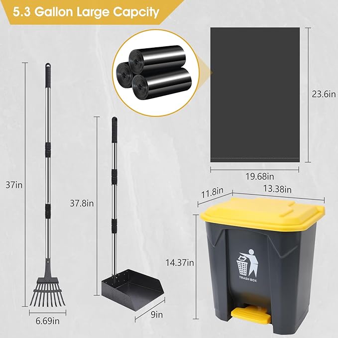 Dog Pooper Scooper, 20L Large Dog Poop Trash Can Outside with Removable Inner Bucket, Poop Trash Can for dog Outdoors with 90 Waste Bags, 37inch Long Handle Stainless Metal Tray &amp; Rake