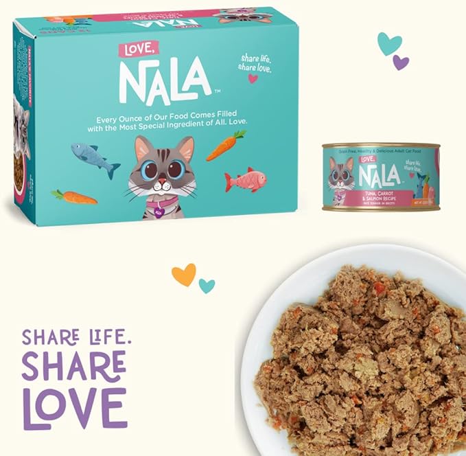 LOVE, NALA - Natural Adult Cat Wet Food - Pate Tuna, Carrot, &amp; Salmon Recipe - Grain Free, Non-GMO, Digestive Fiber Blend, Minerals, Vitamins - 12 Pack 2.4 lbs.
