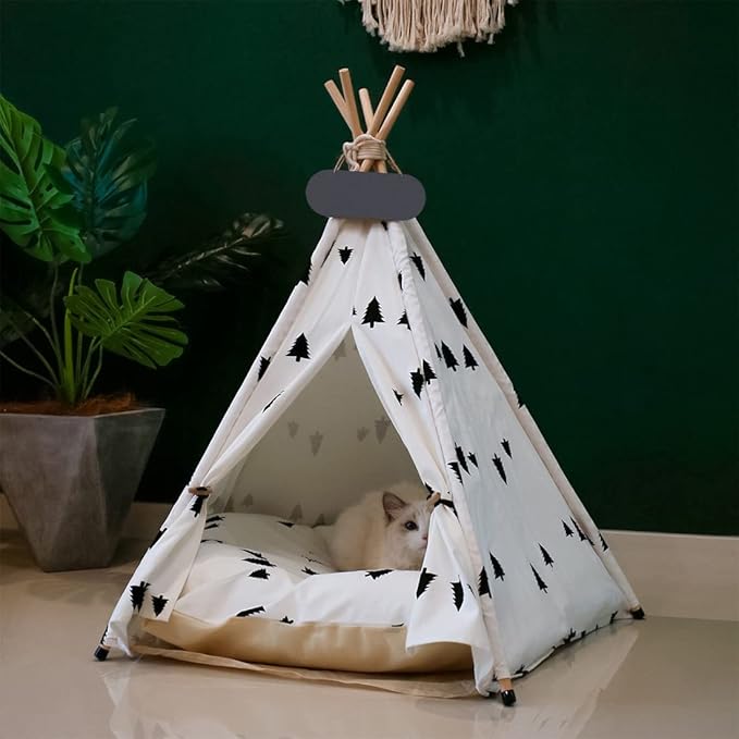 Pet Teepee Tent for Dogs &amp; Cats Dog Bed with Thick Cushion Puppies Play House Removable and Washable