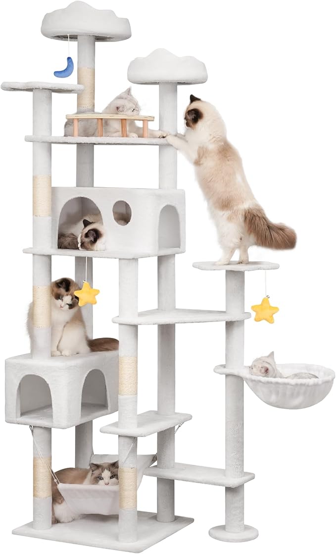 85in Tall Cat Tower for Heavy Duty Big Cats, Large Cat Tree with Scratching Post, Plush Perches, Cozy Cat Condos &amp; Hanging Hammocks for Maine Coon, White