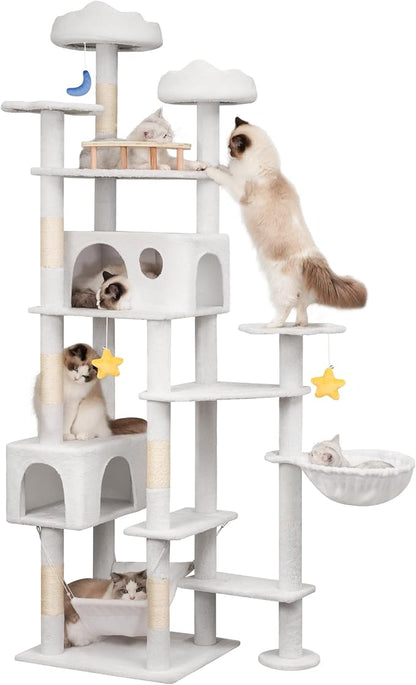 85in Tall Cat Tower for Heavy Duty Big Cats, Large Cat Tree with Scratching Post, Plush Perches, Cozy Cat Condos &amp; Hanging Hammocks for Maine Coon, White