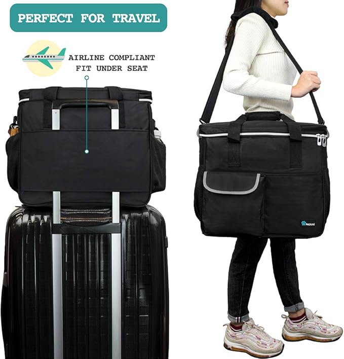 PetAmi Dog Travel Bag - Organizer with Food Container, Bowls &amp; Accessories for Weekend Camping, Cat Diaper Bag (Black, Large)