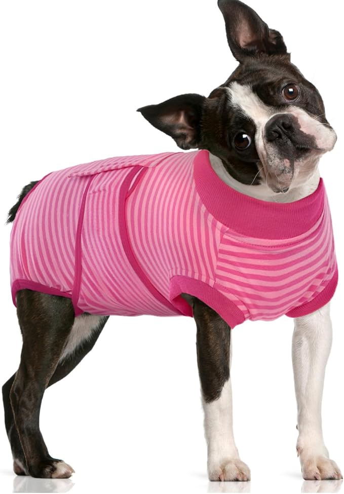 FUAMEY Recovery Suit for Dogs After Surgery,Soft Breathable Dog Bodysuit E-Collar &amp; Cone Alternative Surgical Suit,Male Female Dog Neuter Spay Suits Anti Licking Wounds Onesie Rose Stripes M