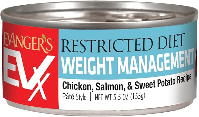 Evanger’s EVX Restricted Diet Weight Management Canned Cat Food – 24 Count, 5.5 oz Cans Each – Chicken, Salmon &amp; Sweet Potato Recipe – Grain Free, Limited Ingredients, Pâté Style