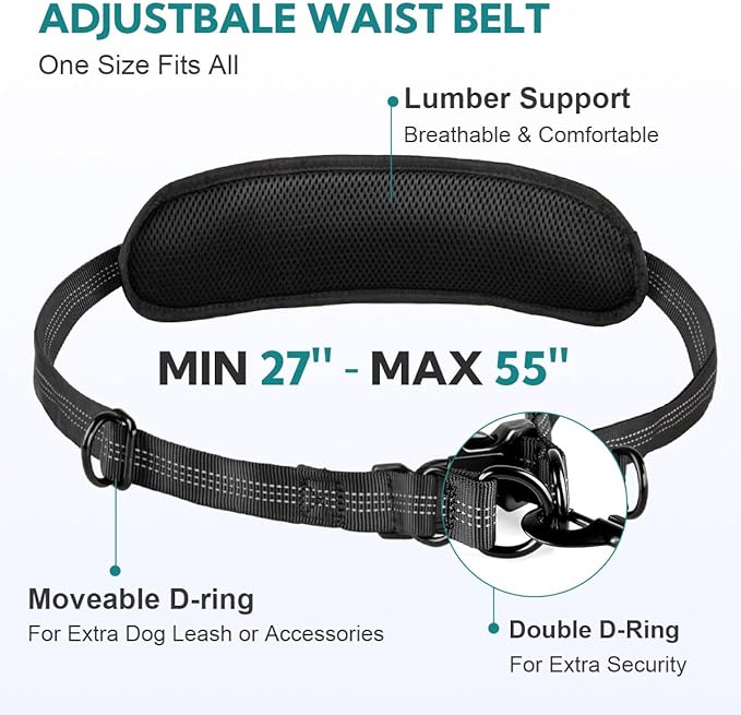 Hands Free Dog Leash with Pouch, Retractable Bungee, Double Padded Handles for Walking, Waist Leash for Medium &amp; Large Dogs, Walking Accessories