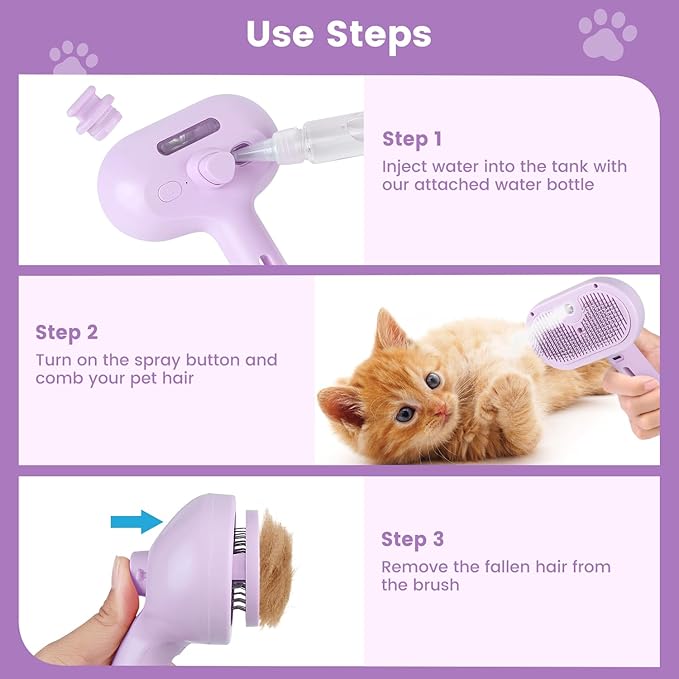 3 in 1 Cat Steam Brush, Pet Spray Hair Removal Comb for Shedding &amp; Grooming, Water Brush for Cats Dogs Small Animals Long Short Haired with One-Click Release Button(Purple)