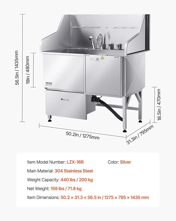 VEVOR Professional 304 Stainless Steel Dog Bathing Station, 50 inch Pet Grooming Tub w/Anti-Slip ramp, Storage Drawer, Cold Hot Faucet Showerhead, for Large &amp; Medium &amp; Small (Right Door, with Drawer)