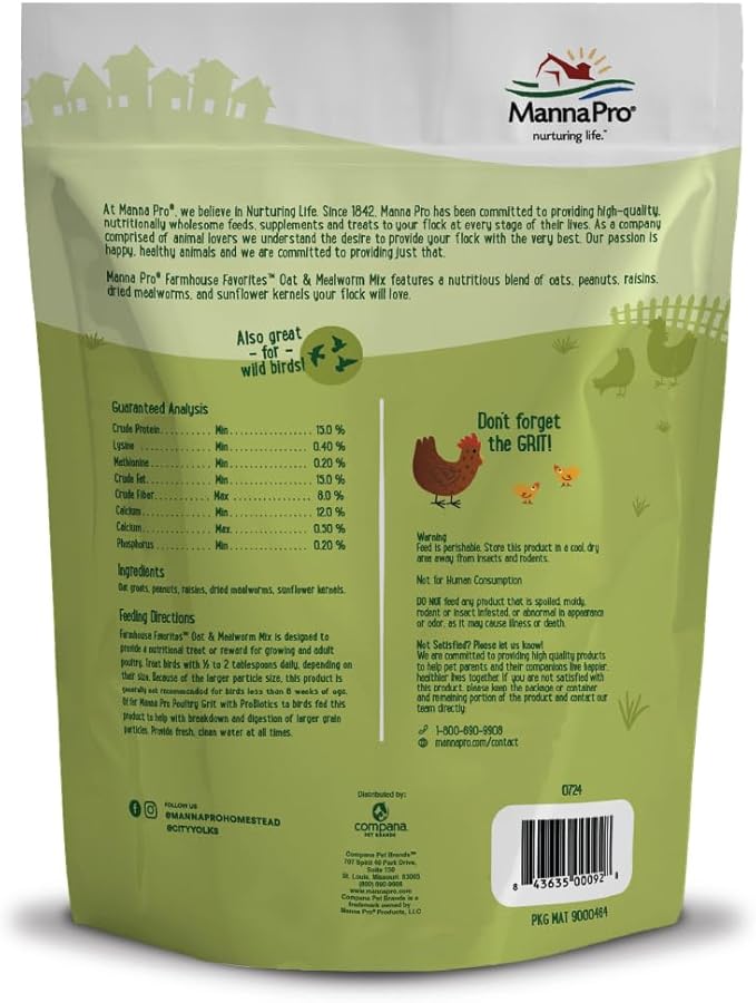 Manna Pro Farmhouse Favorites Oat &amp; Mealworm Mix Poultry Treat – Natural Protein Source – Encouraging Poultry Treat – Mix of Oats, Peanuts, Raisins, Mealworms, Sunflower Kernels – 2lbs