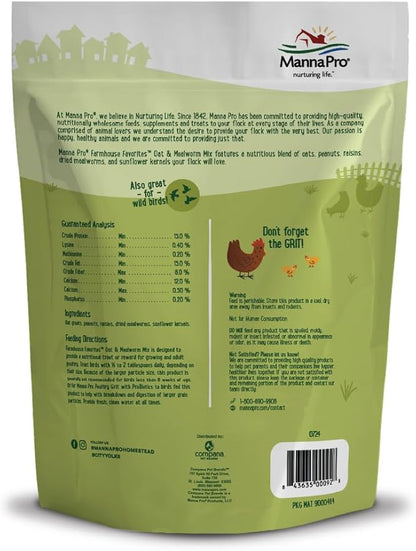 Manna Pro Farmhouse Favorites Oat &amp; Mealworm Mix Poultry Treat – Natural Protein Source – Encouraging Poultry Treat – Mix of Oats, Peanuts, Raisins, Mealworms, Sunflower Kernels – 2lbs