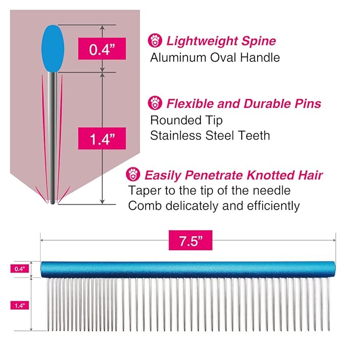 7.5" Greyhound Oval Grooming Comb – Blue Aluminum Spine, Stainless Steel Teeth Comb for Long-Haired Dogs &amp; Cats, Removes Mats, Tangles, and Loose Fur – Lightweight for Long Time Deshedding
