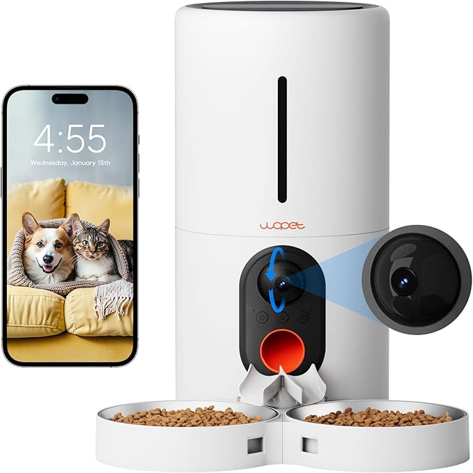 WOPET Automatic Cat Feeder with Camera for Two Cats, 6L Automatic Dog Feeder with HD Video and Night Vision, 5G/2.4G WiFi Pet Feeder for Cats &amp; Dogs, SD Card Storage &amp; 2-Way Audio