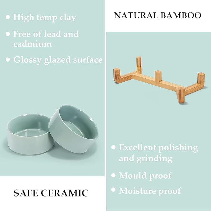 SPUNKYJUNKY Ceramic Dog and Cat Bowl Set with Wooden Stand, Modern Cute Weighted Food Water Set for Small Size Dogs (13.5OZ) &amp; Medium Sized Dogs (28.7OZ) &amp; Cats (3.6 Cups, 2 × Morandi Green)
