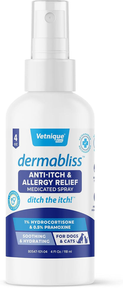 Vetnique Dermabliss Anti Itch Spray for Dogs &amp; Cats with Hydrocortisone for Allergies and Immediate Dog Itching Skin Relief - Fragrance Free with Soothing Oat Extract (4oz)