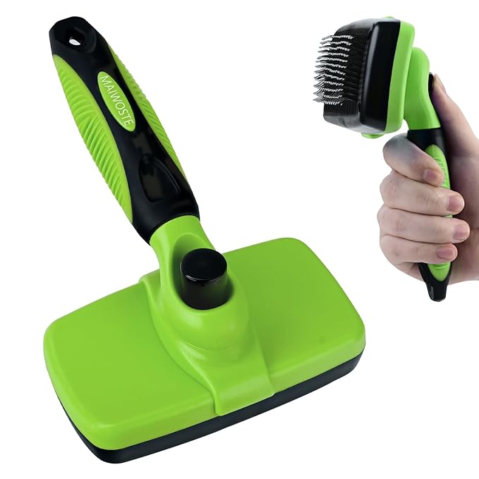 Large Self Cleaning Deshedding Brush for Dogs &amp; Cats - One Button Hair Release Grooming Tool, Gentle Massage Brush for Long and Short Hair (Green)
