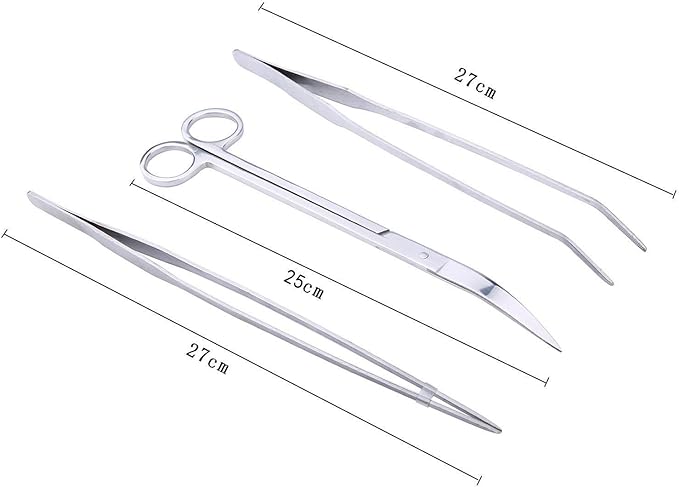 Aquarium Tweezer Set - FEITA Long Stainless Steel Curved &amp; Straight Aquarium Feeding Tweezers Scissors Maintenance Tools Kit (3 Pcs)