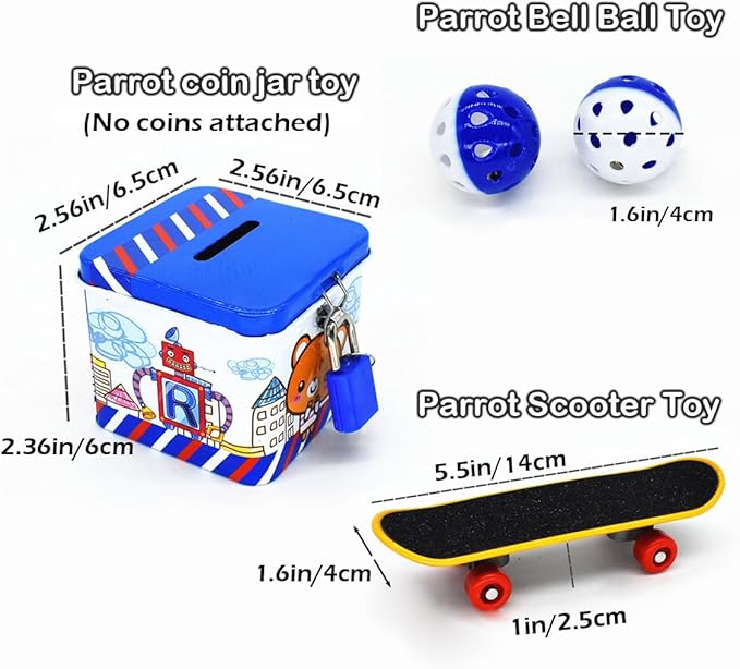 6pcs Interactive Puzzle Toy Set for Small Parrots - Training, Stress Relief, Include Coin Box, Bell Ball, Skateboard &amp; Ferrule Toy for Bird Budgies, Cockatiels, Parakeet etc