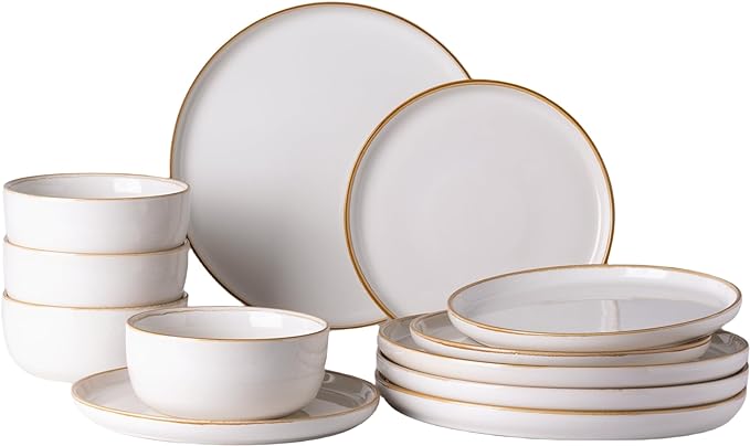 GBHOME Ceramic Dinnerware Sets for 4, 12 Pieces Stoneware Plates and Bowls Sets, Scratch Resistant Dishes, Dishwasher &amp; Microwave Safe, Reactive Glaze-White