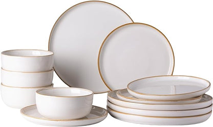 GBHOME Ceramic Dinnerware Sets for 4, 12 Pieces Stoneware Plates and Bowls Sets, Scratch Resistant Dishes, Dishwasher &amp; Microwave Safe, Reactive Glaze-White