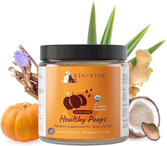 kin+kind Organic Fiber for Dogs&amp;Cats - Pumpkin Boost for Healthy Poops - Digestive Health - Flax Seed, Ginger, Turmeric and Coconut - Made in USA - 4 oz (Medium)