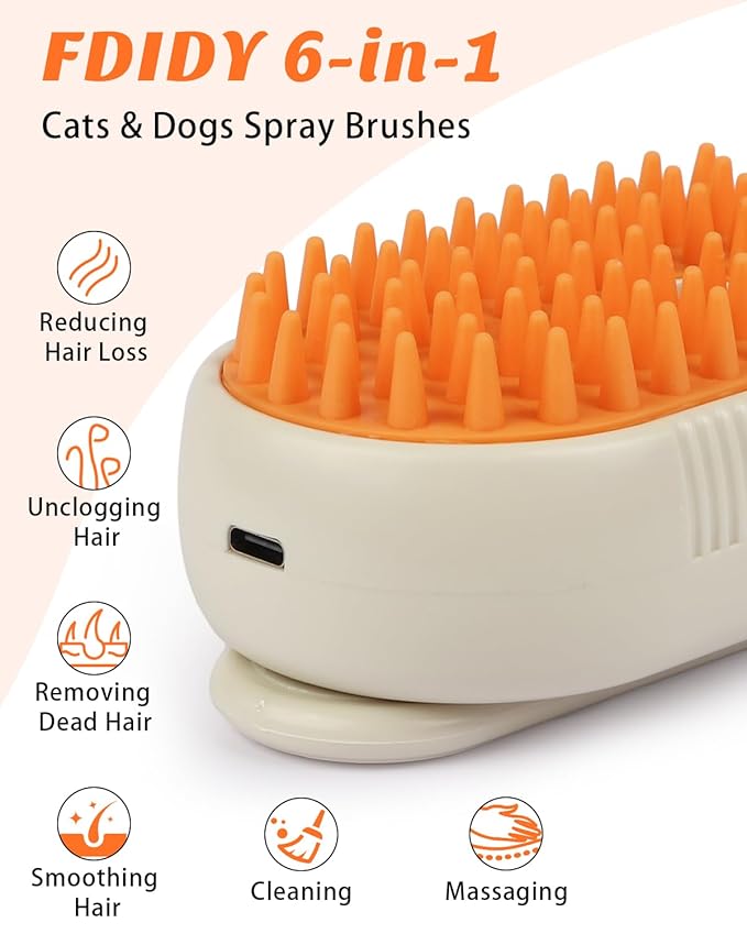 6 in 1 Cat Steam Brush for Shedding, Portable Anti-Static Grooming Comb for Cats &amp; Dogs, Steam Misting Water Brush, Self-Cleaning Pet Hair Remover, Indoor Cat Spray Brushes for Cats &amp; Dogs
