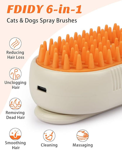 6 in 1 Cat Steam Brush for Shedding, Portable Anti-Static Grooming Comb for Cats &amp; Dogs, Steam Misting Water Brush, Self-Cleaning Pet Hair Remover, Indoor Cat Spray Brushes for Cats &amp; Dogs
