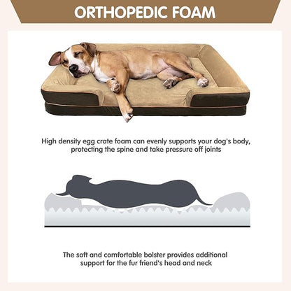 Dog Beds for Large Sized Dogs,Washable Orthopedic Memory Foam Dog Couch Sofa Bed with Bolster,Removable Cover,42x30Inch,Brown