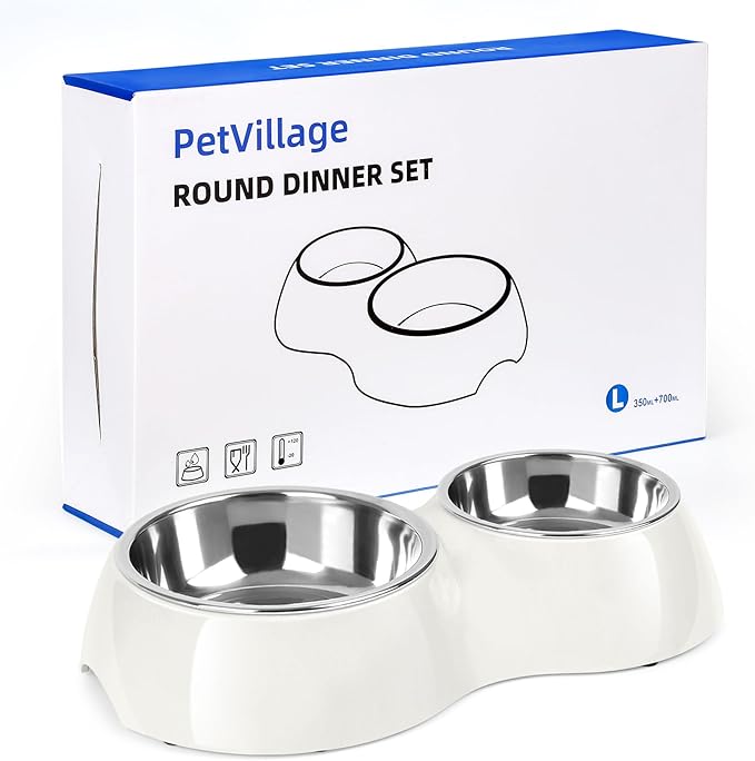 Elevated Dog Bowls Set - Non-Slip Raised Pet Feeder with Medium (10 oz) &amp; Large (20 oz) Stainless Steel Bowls - Includes Durable Resin Stand for Puppies, Adult Dogs &amp; Cats - White
