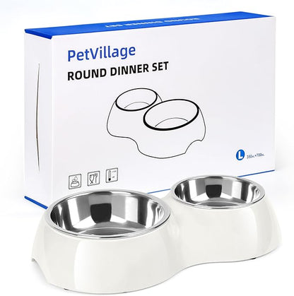 Elevated Dog Bowls Set - Non-Slip Raised Pet Feeder with Medium (10 oz) &amp; Large (20 oz) Stainless Steel Bowls - Includes Durable Resin Stand for Puppies, Adult Dogs &amp; Cats - White