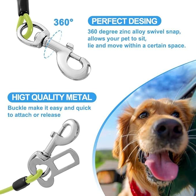 Dog Seat Belt Harness for Car,Dog Seatbelt of Coated Wire Leash Safety Restraint,No Chew Tether Cable Vehicle,Double Clips &amp; Latch(Green, 16 inch/40 CM)