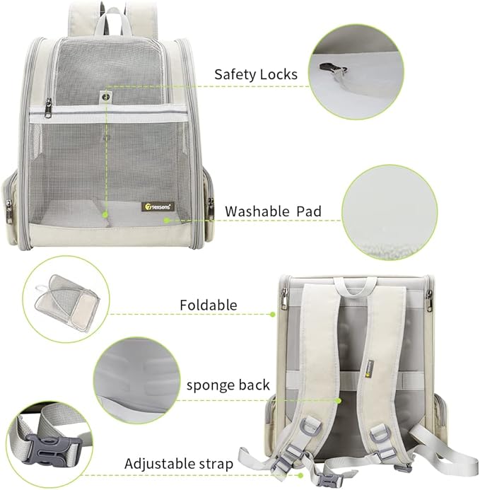 Texsens Pet Backpack Carrier for Small Cats Dogs | Ventilated Design, Safety Straps, Buckle Support, Collapsible | Designed for Travel, Hiking &amp; Outdoor Use (Creamy White)