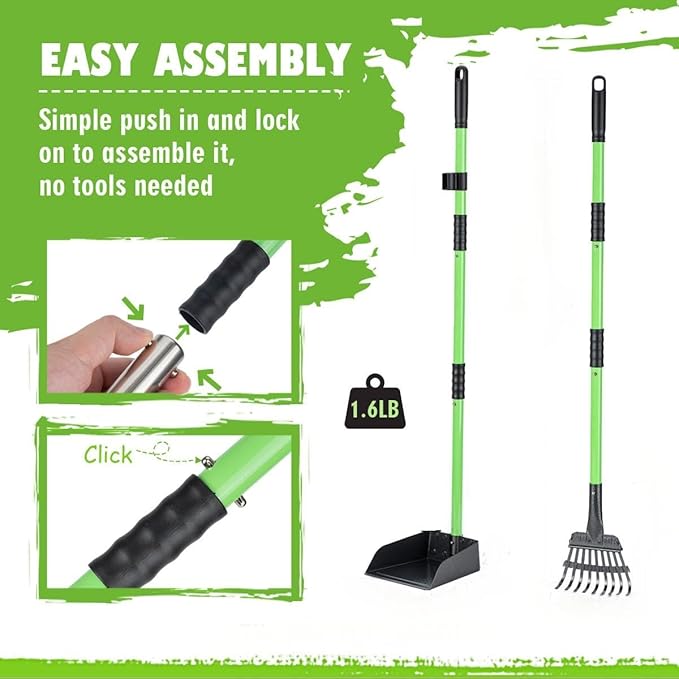 MXF Dog Pooer Scooper Set, 2 in 1 Pet Poop Scooper with Long Handle 28" Dog Poop Picker Upper and Stainless Metal Tray &amp; Rake for Medium &amp; Small Dogs, Heavy Duty for Grass, Dirt, Gravel