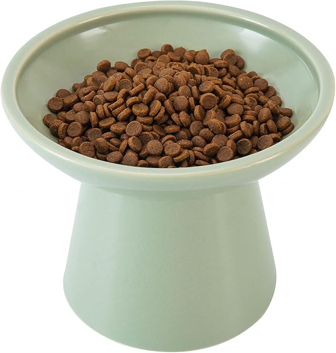 Extra Wide Elevated Ceramic Cat Food Bowl - 6.2" Shallow Dish for Whisker Fatigue Relief, 5" Height for Easy Feeding, Lead &amp; Cadmium Free, Durable Raised Cat Food Bowls, Sage Green
