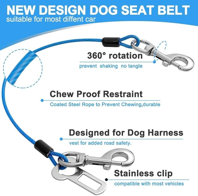 Dog Seat Belt Harness for Car,Dog Seatbelt of Coated Wire Leash Safety Restraint,No Chew Tether Cable Vehicle,Double Clips &amp; Latch(Blue, 32 inch/80 CM)