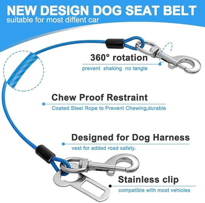 Dog Seat Belt Harness for Car,Dog Seatbelt of Coated Wire Leash Safety Restraint,No Chew Tether Cable Vehicle,Double Clips &amp; Latch(Blue, 32 inch/80 CM)