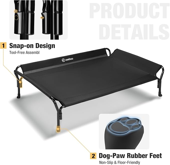 Veehoo Cooling Elevated Dog Bed, Raised Pet Cot with Guardrail &amp; Slope Headrest, Durable Breathable Teslin Mesh, Non-Slip Feet, Washable Dog Couch Bed for Indoor &amp; Outdoor, Medium 39.5" x 28", Black