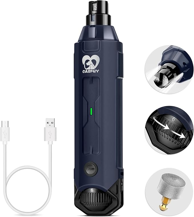 Casfuy 6-Speed Dog Nail Grinder - Newest Enhanced Pet Nail Grinder Super Quiet Rechargeable Electric Dog Nail Trimmer Painless Paws Grooming &amp; Smoothing Tool for Large Medium Small Dogs (Blue)