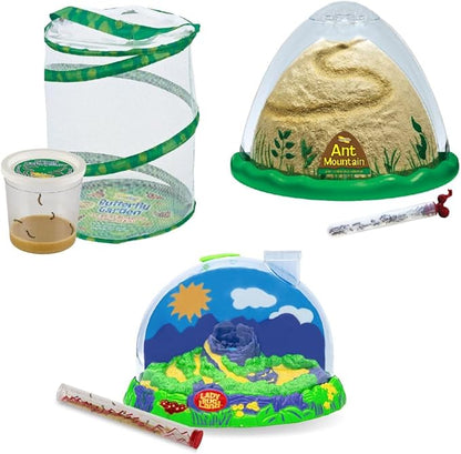 Insect Lore Bug Camp Bundle | Butterfly Kit with 1 Cup Live Caterpillars | Ladybug Land with 1 Tube Live Larvae | Ant Mountain with 1 Tube Live Western Harvester Ants | Life Cycle Figurines &amp; More