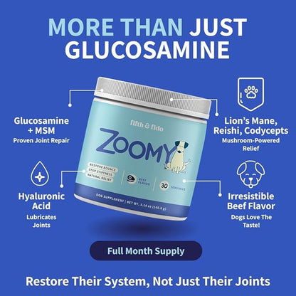 Dog Joint Supplement Powder with Glucosamine, Chondroitin &amp; MSM – Hip &amp; Joint Support for Mobility, Stiffness &amp; Flexibility – Mushroom Blend with Lion’s Mane, Cordyceps &amp; Reishi – Zoomy