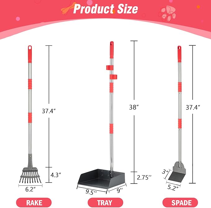 Dog Pooper Scooper Set, Pooper Scooper for Dog, Heavy Duty Stainless Steel Rake with Extra Large Tray &amp; Spade No Bending Clean Up for Pet Waste Removal, for Grass, Dirt Or Gravel.