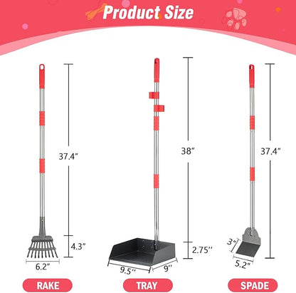 Dog Pooper Scooper Set, Pooper Scooper for Dog, Heavy Duty Stainless Steel Rake with Extra Large Tray &amp; Spade No Bending Clean Up for Pet Waste Removal, for Grass, Dirt Or Gravel.