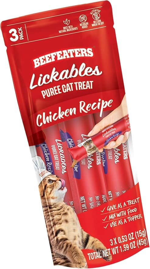 Beefeaters Cat Treats Lickable Puree 1.59oz (12-Pack) – Chicken, Grain-Free, Taurine-Enriched, Ideal for Training &amp; Interactive Feeding