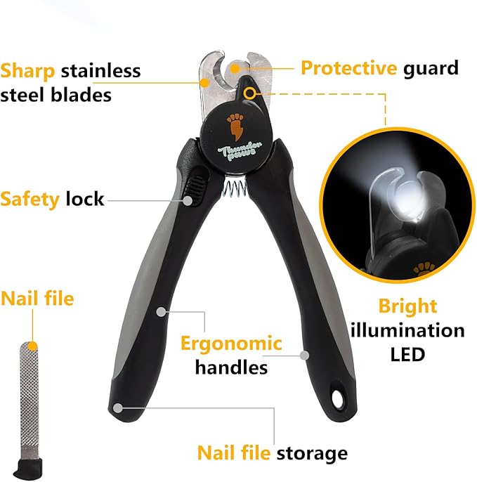 LED Dog Nail Clippers with Light, Trimmers with Protective Guard, Quick Sensor, Safety Lock and Nail File - Suitable for Large and Small Dogs &amp; Cats (Grey, LED)